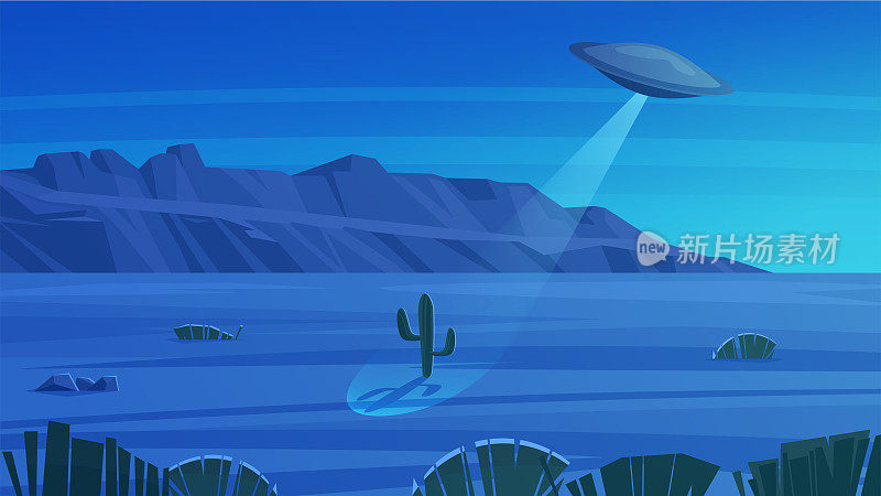 Grand Canyon National Park night landscape. UFO over the desert.